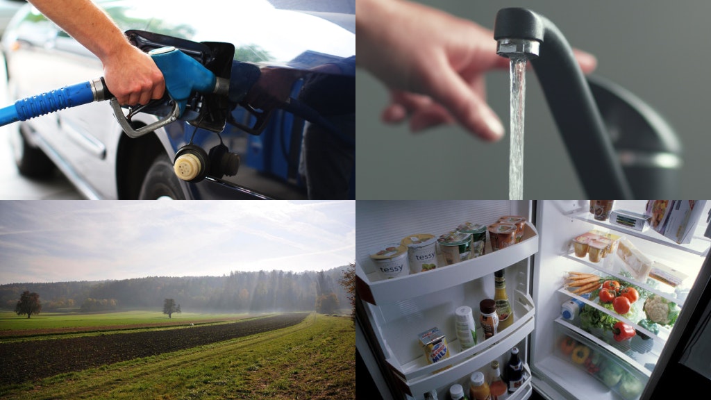 Eine Person beim Tanken eines Autos, ein Wasserhahn mit fliessendem Wasser, eine Landschaft mit grünen Feldern, ein voller Kühlschrank mit verschiedenen Nahrungsmitteln