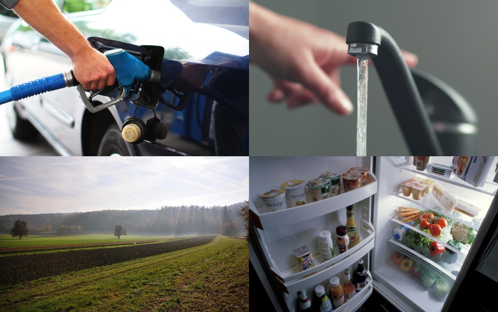 Eine Person beim Tanken eines Autos, ein Wasserhahn mit fliessendem Wasser, eine Landschaft mit grünen Feldern, ein voller Kühlschrank mit verschiedenen Nahrungsmitteln