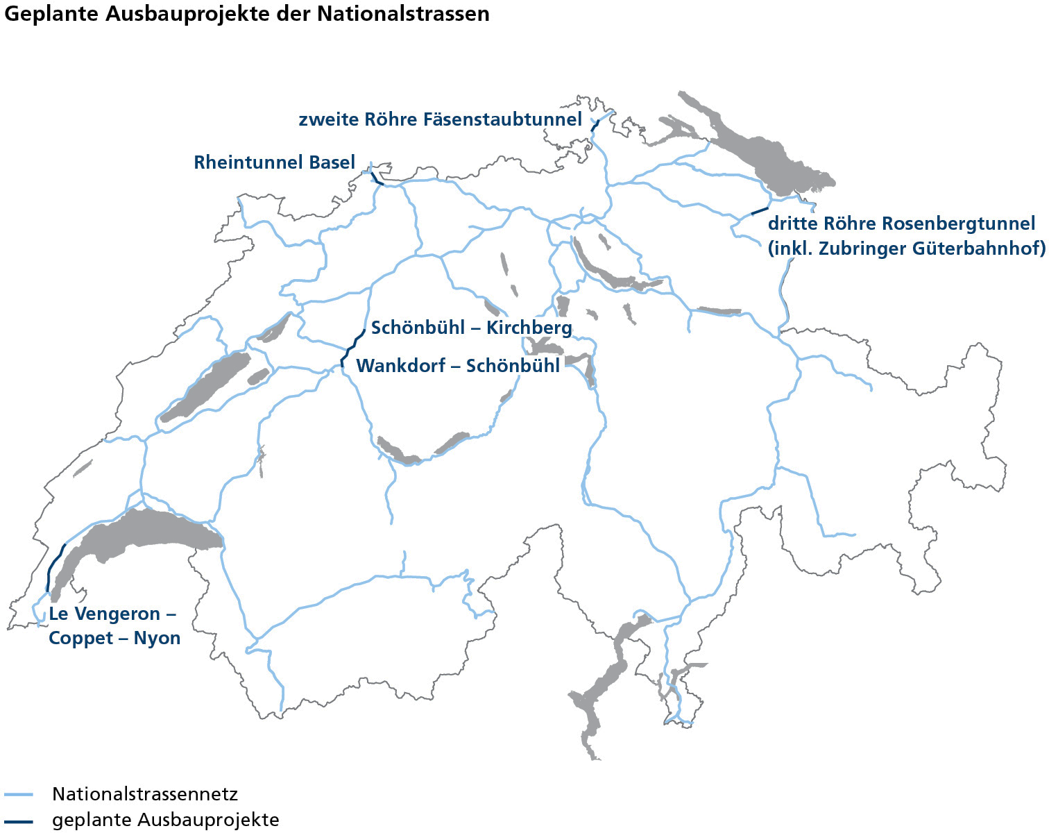 Auf der Schweizerkarte sind die sechs geplanten Projekte markiert. Zudem sind alle Nationalstrassen der Schweiz hervorgehoben.