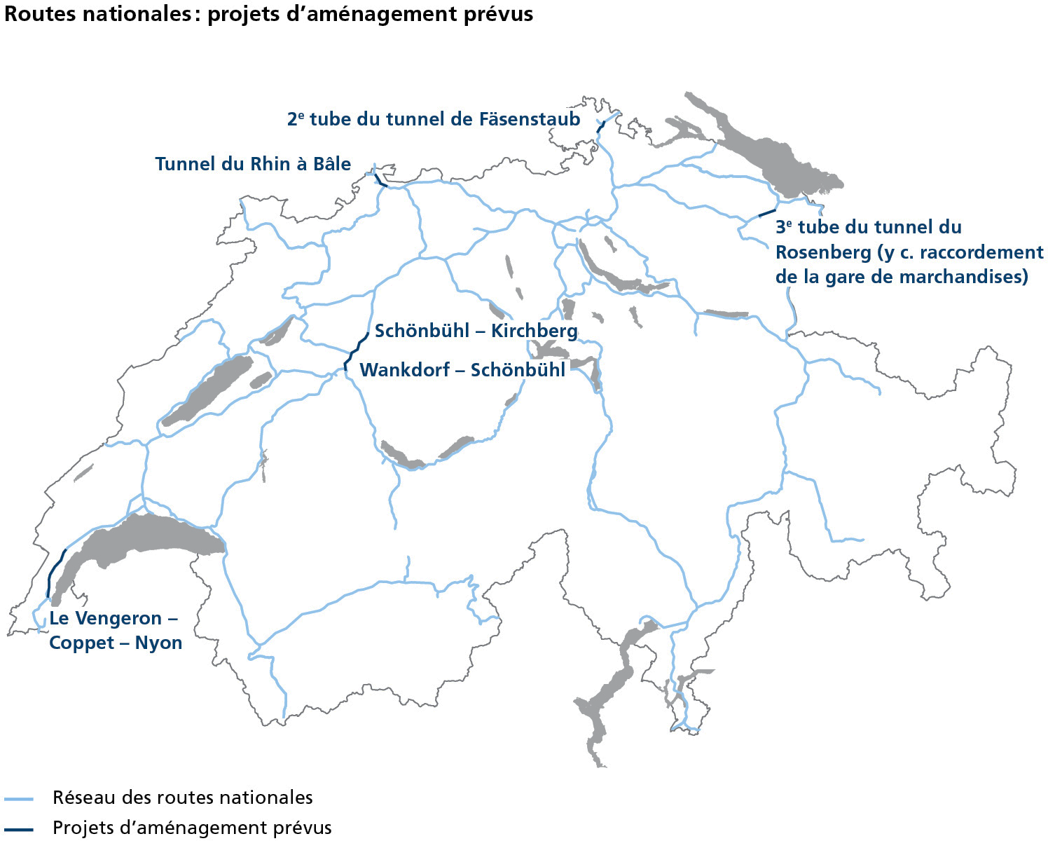La carte indique les six projets et les routes nationales.
