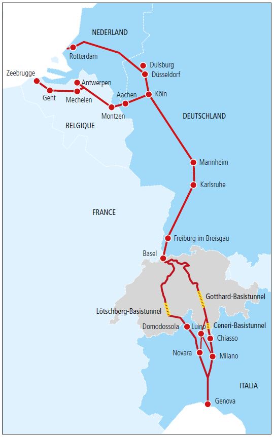 Carte présentant le tracé du corridor nord-sud Rhin-Alpes de 2500 km de long. En Suisse, une ligne passe par le tunnel de base du Loetschberg, la seconde par le tunnel de base du Gothard et maintenant par le tunnel de base du Ceneri.