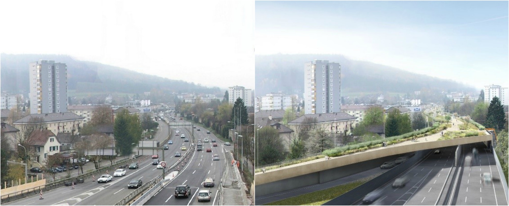 L’autoroute entre le carrefour autoroutier de Zurich Est et le Schöneichtunnel, situation avant la mise en tranchée couverte et après l’achèvement du projet