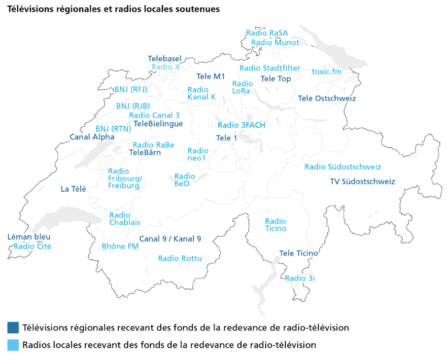Carte des radios locales et des télévisions régionales actuellement déjà soutenues