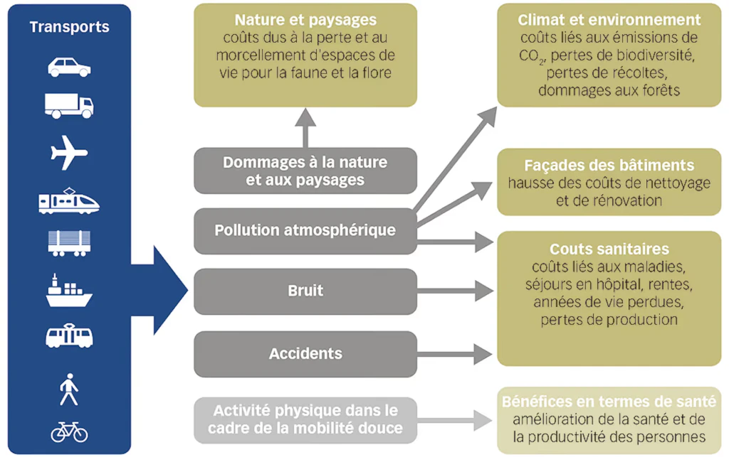 Les transports génèrent des coûts et des avantages qui ne se répercutent pas directement sur le prix de la mobilité : on parle alors de coûts et d'avantages externes. Parmi les coûts externes, on peut citer, par exemple, les dommages causés à la nature, au climat ou aux façades des bâtiments par les gaz d'échappement. Les avantages externes comprennent notamment l'amélioration de la santé grâce à l'activité physique pratiquée dans le cadre de la mobilité douce.
