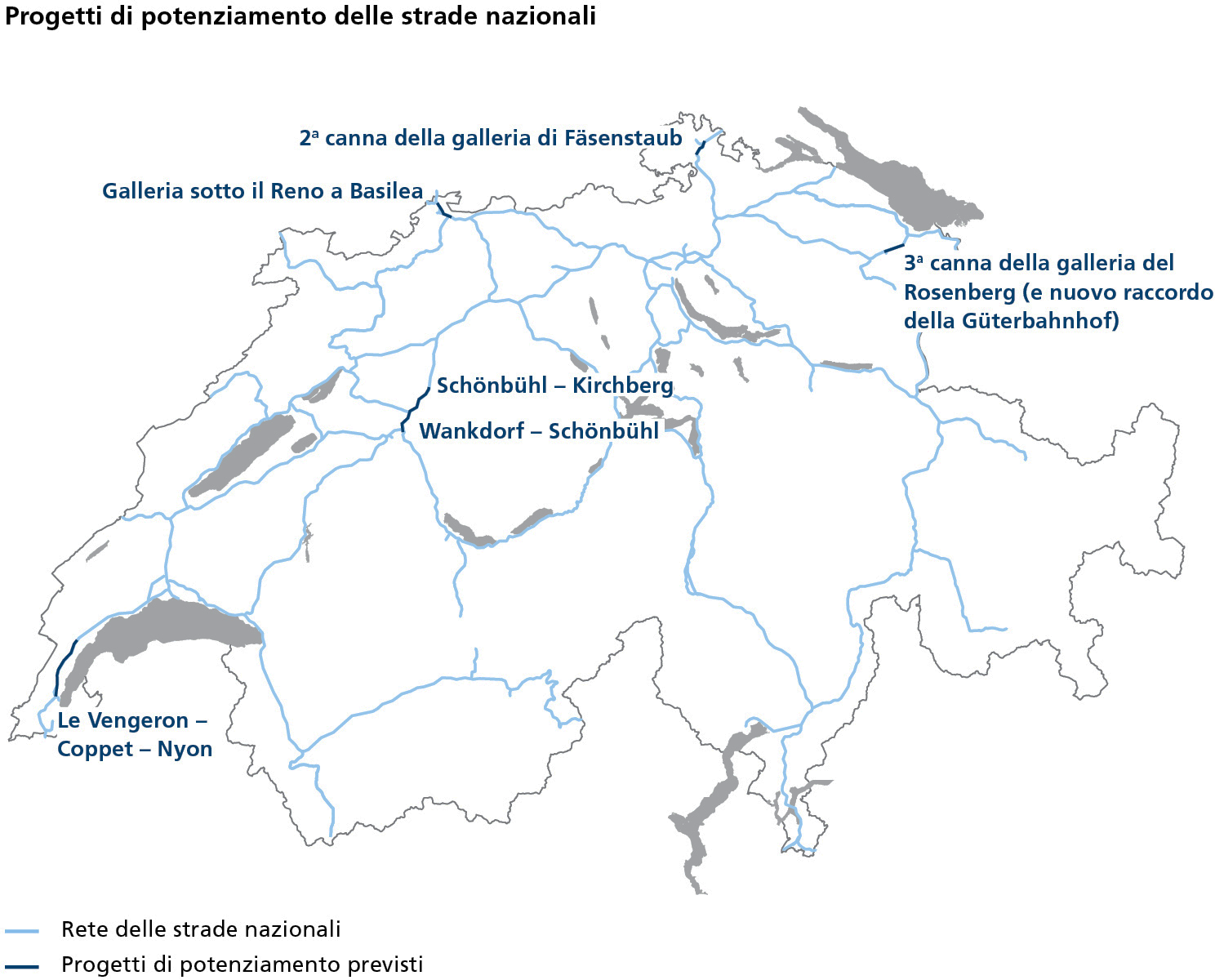 Nella cartina, i sei progetti pianificati sono indicati da un tratto. Sono evidenziate in bianco anche tutte le strade nazionali della Svizzera.