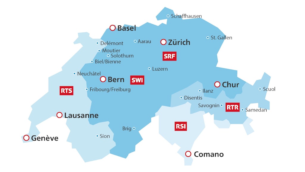 La SSR ha sedi di produzione principali a Ginevra, Losanna, Berna, Basilea, Zurigo, Coira e Comano. Dispone inoltre di numerose uffici regionali.