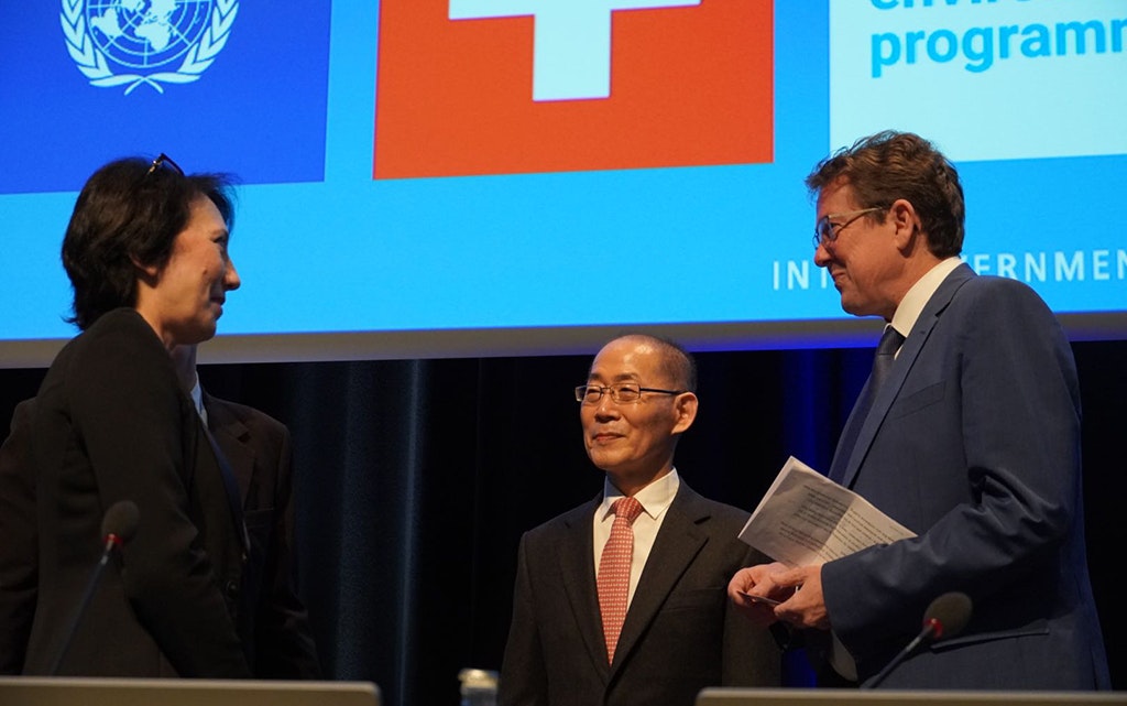 Elena Manaenkova (Deputy Secretary General, World Meteorogical Organization WMO),  Hoesung Lee (Chair IPCC, Intergovernmental Panel on Climate Change) e il consigliere federale Albert Rösti