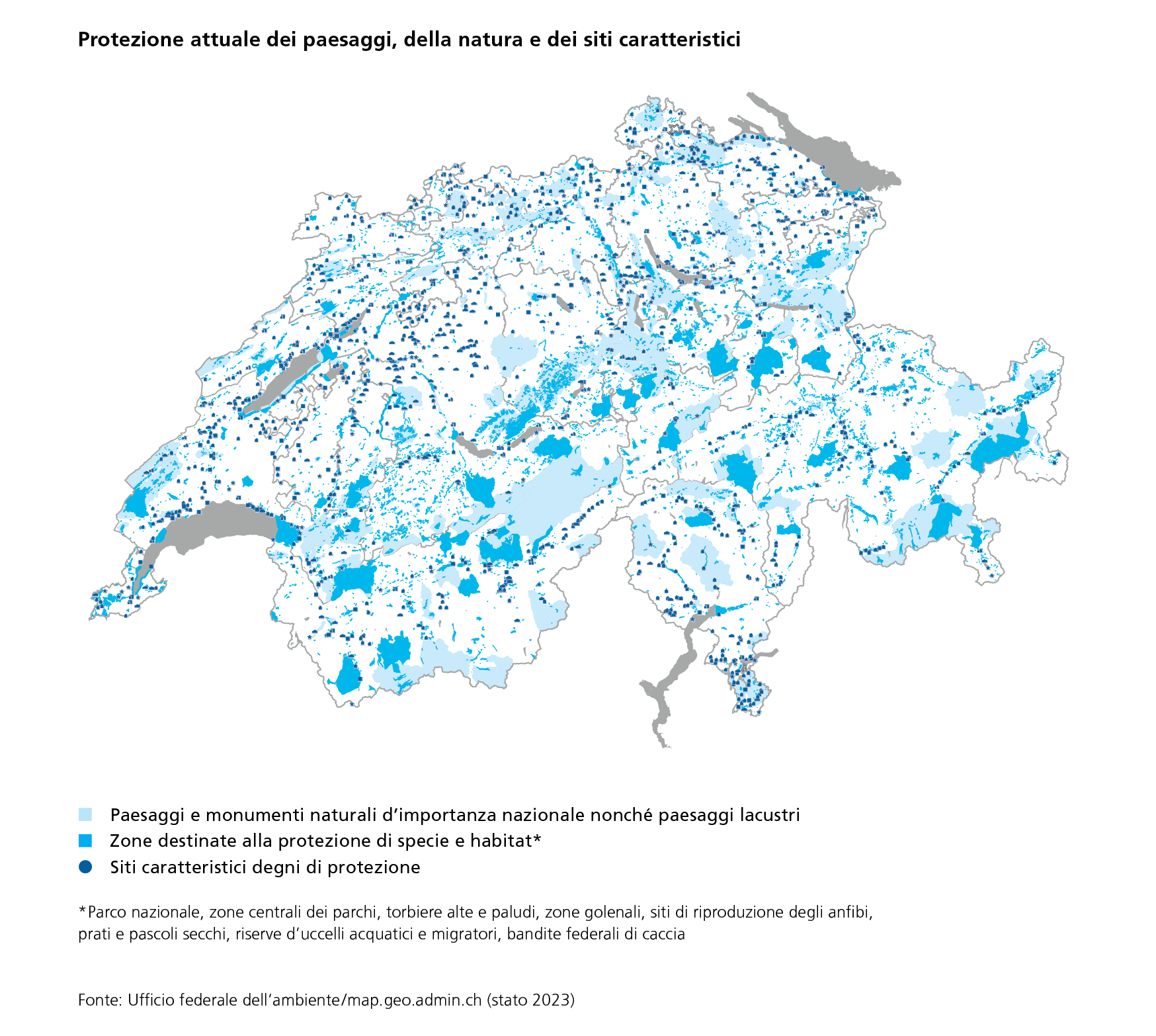 La figura mostra i paesaggi, i siti e monumenti naturali d’importanza nazionale, le zone palustri, le zone destinate alla protezione di specie e habitat nonché i siti caratteristici degni di protezione. Circa un quarto del territorio svizzero figura oggi in un inventario per la natura o il paesaggio e circa 1200 oggetti sono censiti nell'Inventario federale degli insediamenti svizzeri da proteggere d’importanza nazionale.
